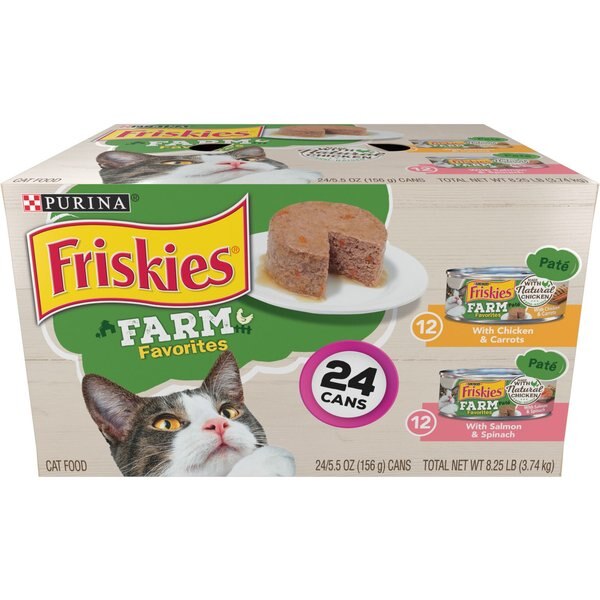 Friskies Farm Favorites Chicken & Carrots & Salmon & Spinach Pate Wet Cat Food Variety Pack, 5.5-oz can, case of 24