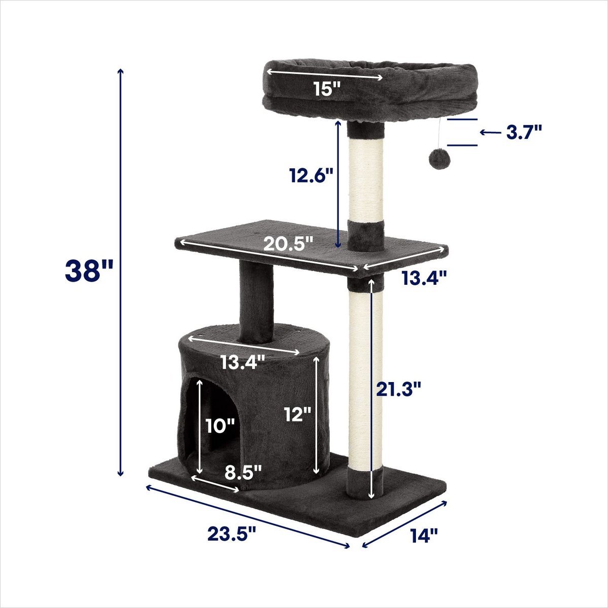 FRISCO 38in Cat Tree with Condo, Top Perch and Toy, Charcoal