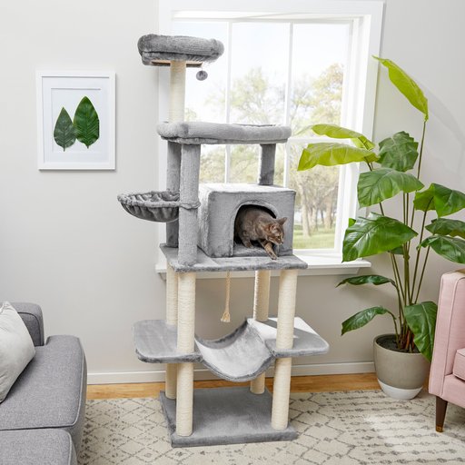 Frisco 73-in Cat Tree with Hammock, Condo, Lounge Basket, Top Perch and Bed, Gray