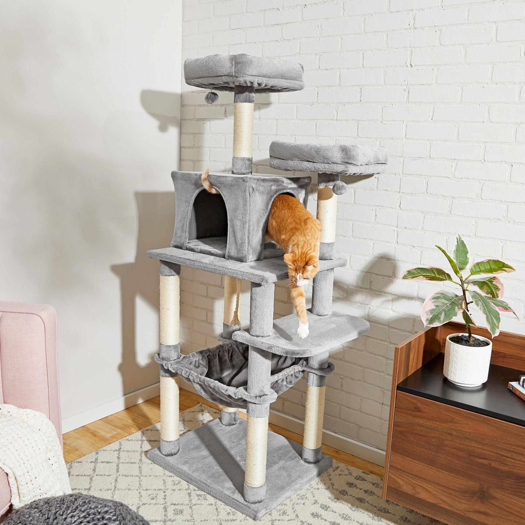 KAMABOKO 64-in Tall Wooden Cat Tree with Cat Condo, Hammock & Top Perch