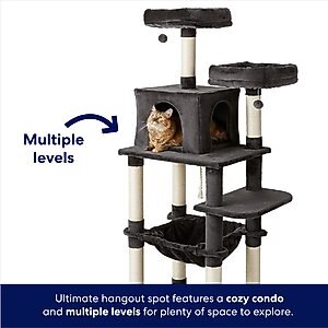 Frisco 64-in Cat Tree with Hammock, Condo, 2 Top Perches with Bed, Dark Charcoal