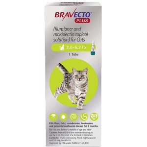 Bravecto Plus Topical Solution for Cats, 2.6-6.2 lbs, (Green Box), 1 Dose (2-mos. supply)