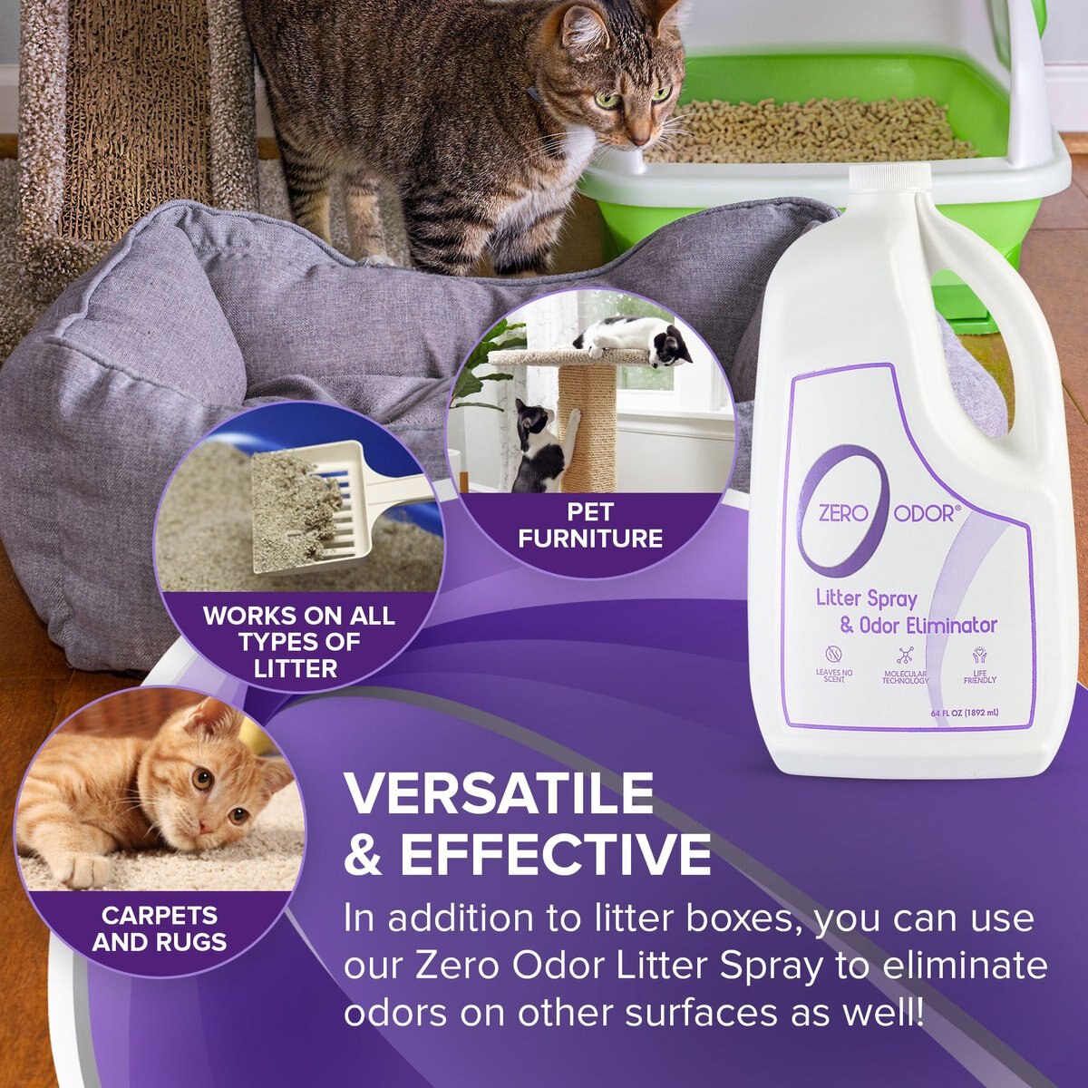 ZERO ODOR Litter Spray & Pet Odor Eliminator, 64oz bottle