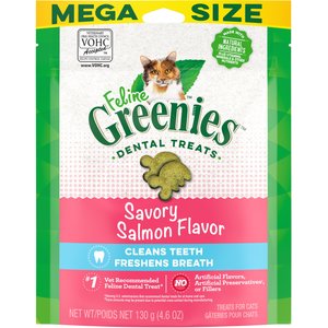 Feline Greenies Adult Natural Dental Care Cat Treat, Savory Salmon Flavor, 4.6-oz bag