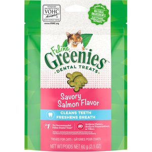 Feline Greenies Adult Natural Dental Care Cat Treat, Savory Salmon Flavor, 2.1-oz bag