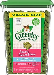 Greenies Feline Savory Salmon Flavor Adult Dental Cat Treats, 9.75-oz tub