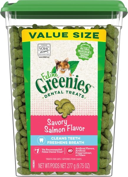 Greenies Feline Savory Salmon Flavor Adult Dental Cat Treats, 9.75-oz tub slide 1 of 10