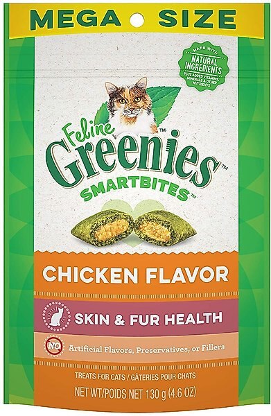 Greenies Feline SmartBites Healthy Skin & Fur Natural Chicken Flavor Soft & Crunchy Adult Cat Treats, 4.6-oz bag slide 1 of 11