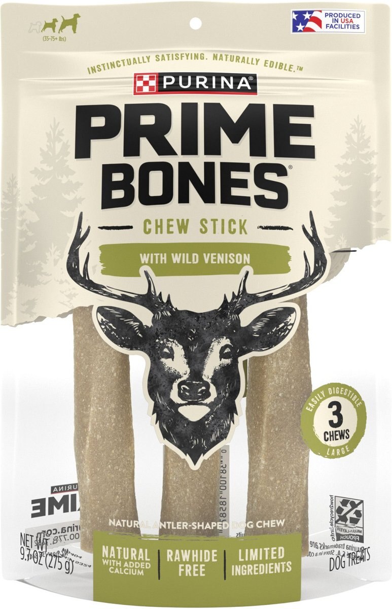 PRIME BONES Natural Large Chew Stick with Wild Venison Dog Treats, 3