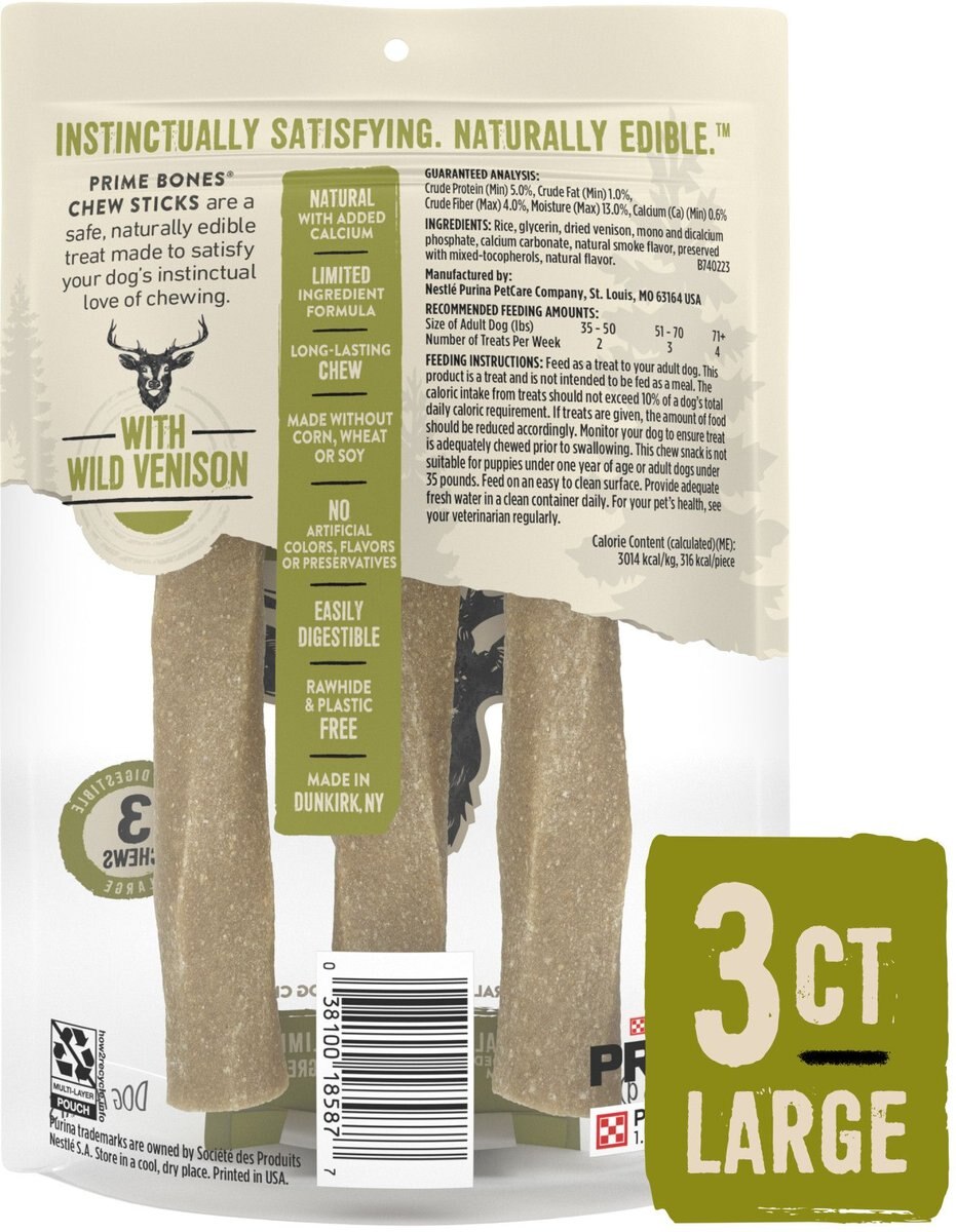 PRIME BONES Natural Large Chew Stick with Wild Venison Dog Treats, 3