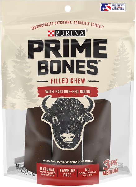 Purina Prime Bones Natural Dog Bone Filled Chew With Pasture-Fed Bison Medium Dog Treats, 3 count slide 1 of 10