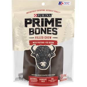 Purina Prime Bones Natural Dog Bone Filled Chew With Pasture-Fed Bison Medium Dog Treats, 3 count