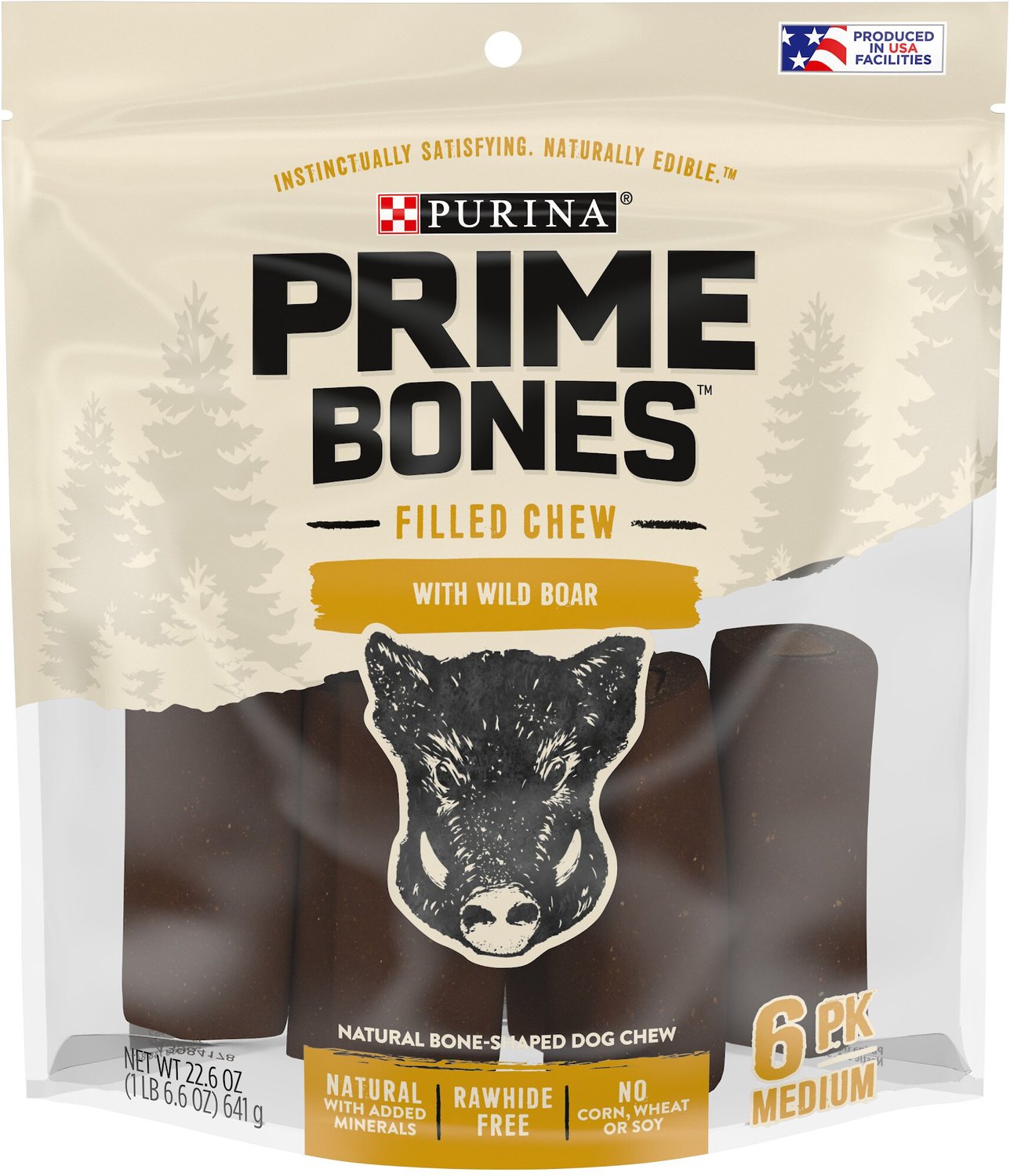 PURINA PRIME BONES Natural Filled Chew with Wild Boar Medium Dog Treats, 22.6oz bag, 6 count