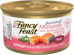 Fancy Feast Gourmet Naturals Natural Wild Alaskan Salmon Recipe Grain-Free Pate Kitten Canned Cat Food, 3-oz can, case of 12