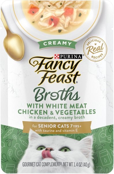 Fancy Feast Senior Creamy with Chicken & Vegetables in Broth Cat Food Complement & Topper, 1.4-oz pouch, case of 16 slide 1 of 10