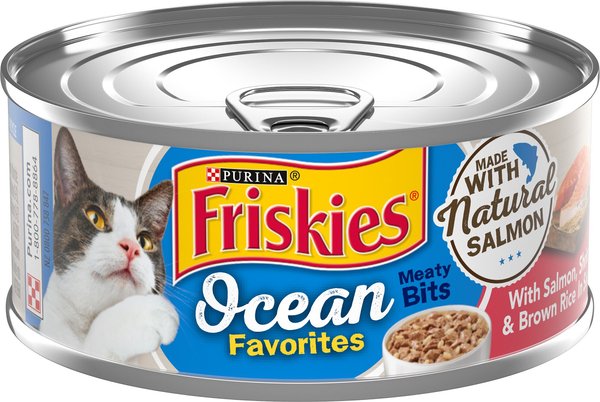 Friskies Ocean Favorites Meaty Bits Salmon, Shrimp & Brown Rice Wet Cat Food, 5.5-oz can, case of 24 slide 1 of 10