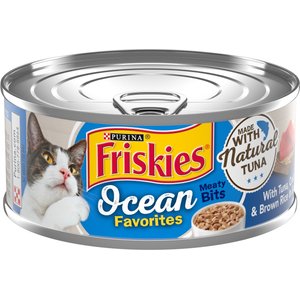 Friskies Ocean Favorites Meaty Bits Tuna, Crab & Brown Rice Natural Wet Cat Food, 5.5-oz can, case of 24