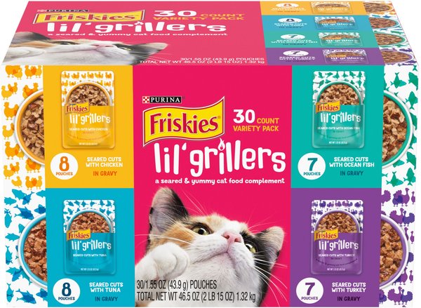 Friskies Lil' Grillers Chicken, Turkey, Ocean Fish & Tuna Variety Pack Gravy Wet Cat Food Complement, 1.55-oz pouch, case of 30 slide 1 of 9