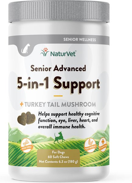 NaturVet Senior Advanced 5-in-1 Support Turkey Tail Mushroom, Ginko Biloba, Coenzyme Q10 & Lutien Dog Supplement, 60 count slide 1 of 3
