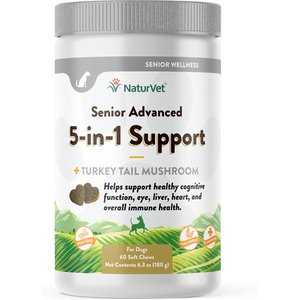 NaturVet Senior Advanced 5-in-1 Support Turkey Tail Mushroom, Ginko Biloba, Coenzyme Q10 & Lutien Dog Supplement, 60 count