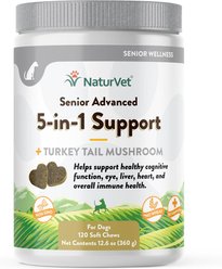 NaturVet Senior Advanced 5-in-1 Support Turkey Tail Mushroom, Ginko Biloba, Coenzyme Q10 & Lutien Dog Supplement, 120 count