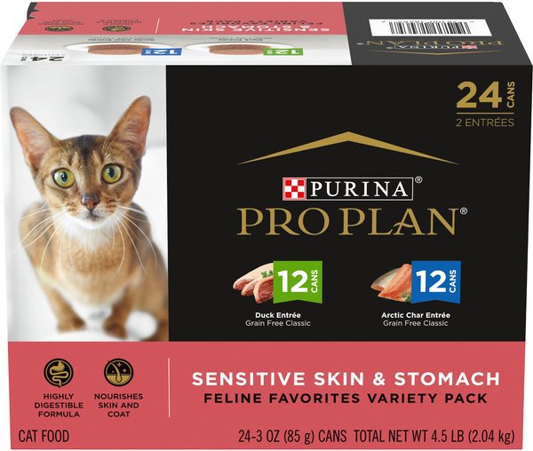 Purina Pro Plan Focus Sensitive Skin & Stomach Duck & Arctic Char Variety Pack Canned Cat Food, 3-oz can, case of 24 slide 1 of 11