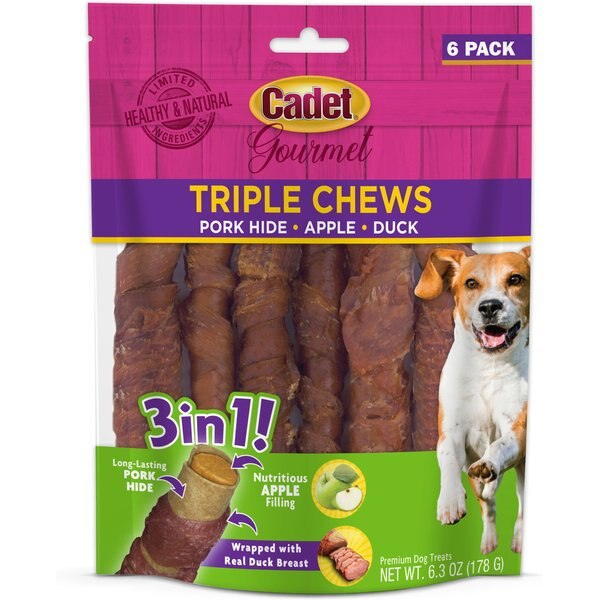 CADET Gourmet Triple Chews Apple, Duck & Pork Hide Twists Dog Treats, 6 count