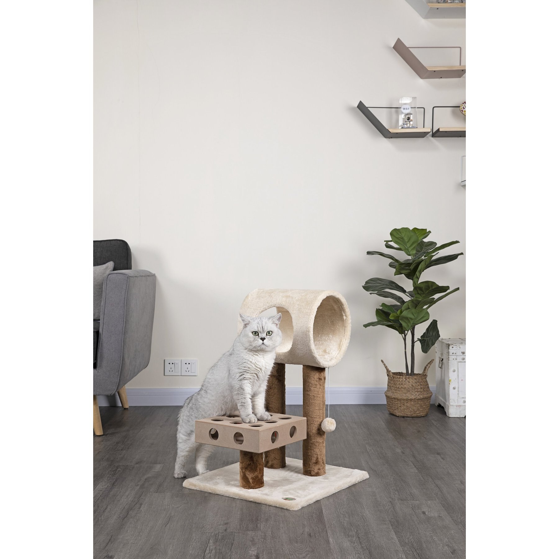 GO PET CLUB 26in IQ Busy Box Cat Tree & Dangling Toys, Beige