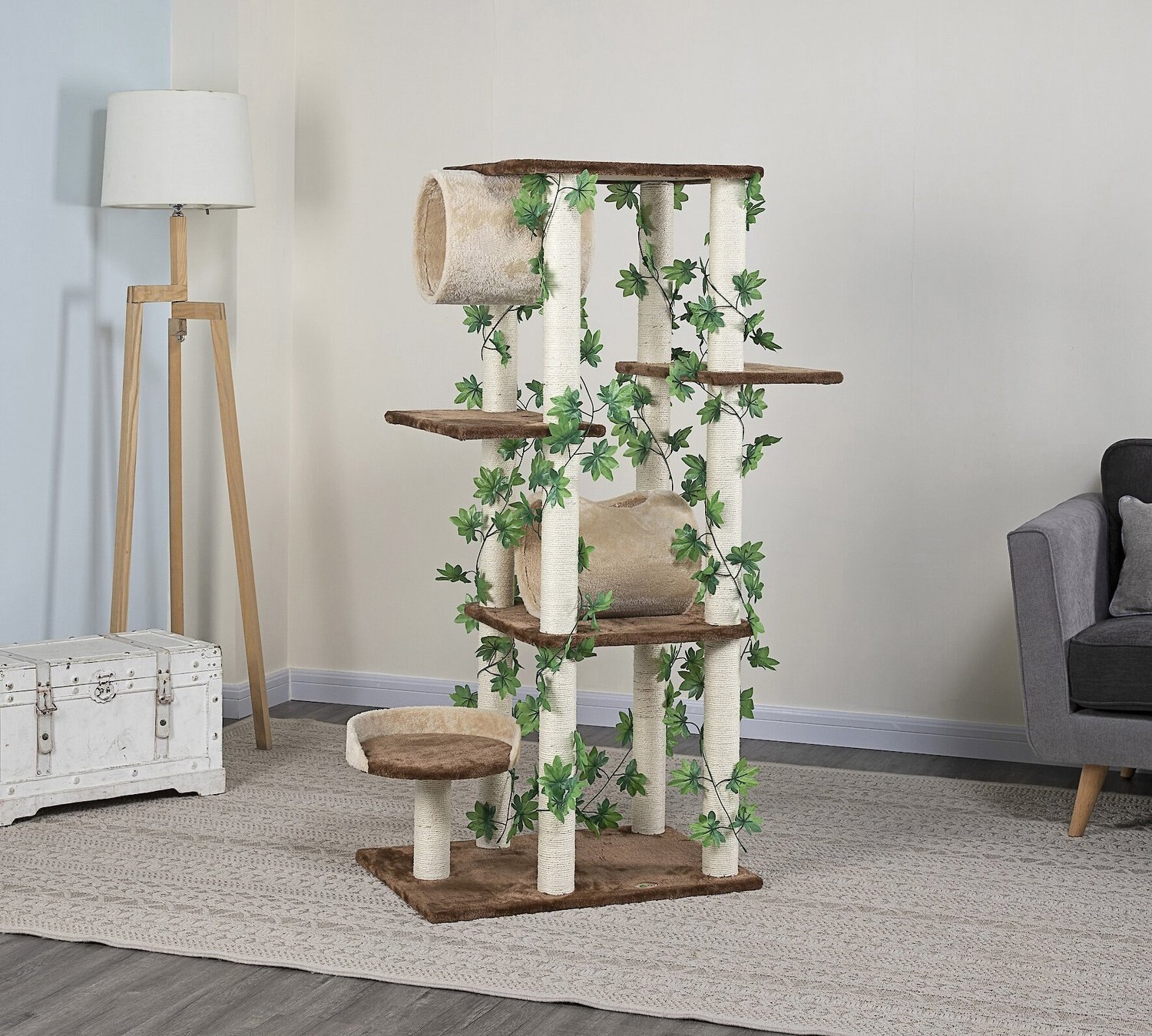 GO PET CLUB 58in Forest with Leaves Cat Tree, Beige/ Brown