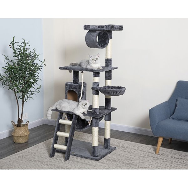 FRISCO 61-in Faux Fur Cat Tree & Condo, Dark Charcoal - Chewy.com