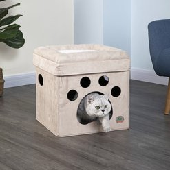 Go Pet Club Comfy Paw Print Cat Cube Bed, Beige