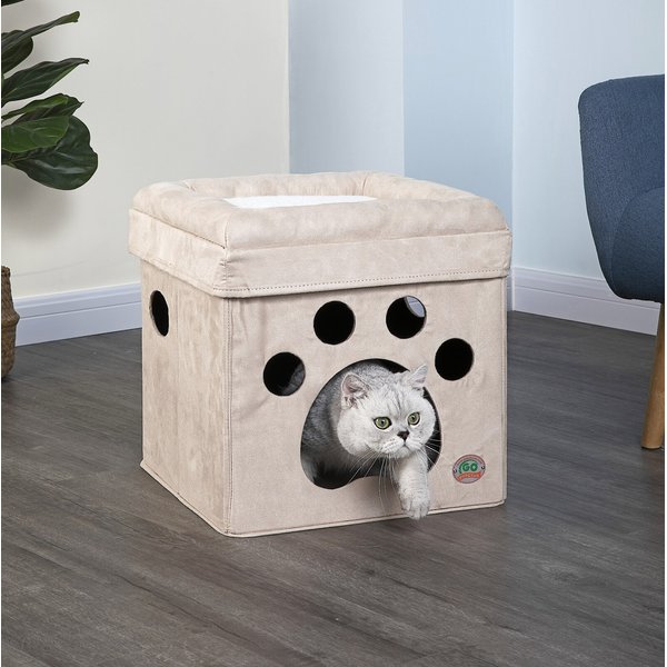 GO PET CLUB Comfy Paw Print Cat Cube Bed, Beige