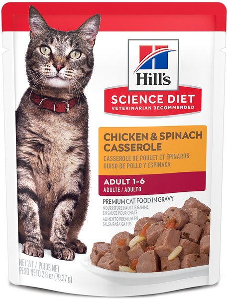 Hill's Science Diet Adult Chicken & Spinach Casserole Recipe Cat Food, 2.8-oz pouch, case of 24 slide 1 of 9