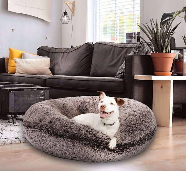 Bessie + Barnie Signature Extra Plush Faux Fur Shags Bagel Dog & Cat Bed, Frosted Willow, Medium slide 1 of 6