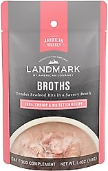 American Journey Landmark Broths Tuna, Shrimp and Whitefish Recipe Wet Cat Food Complement Pouches, 1.4 oz case of 16