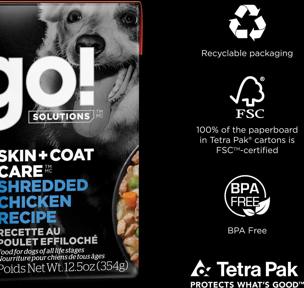 GO! SOLUTIONS Skin + Coat Care Shredded Chicken Dog Food, 12.5oz, case of 12