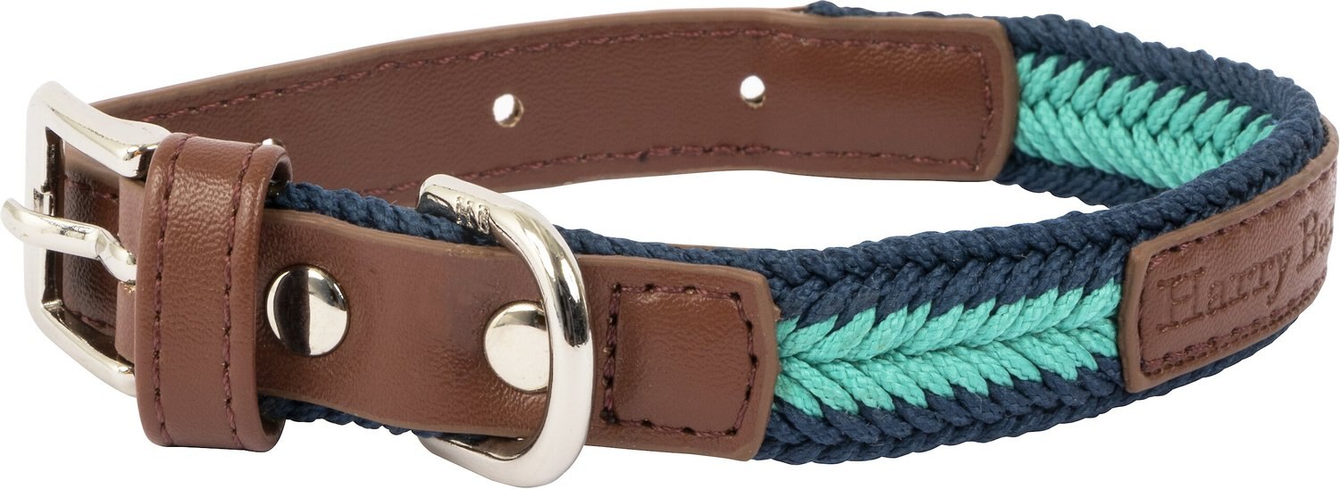 HARRY BARKER Braided Rope Dog Collar, Teal & Dark Blue, Medium 11 to