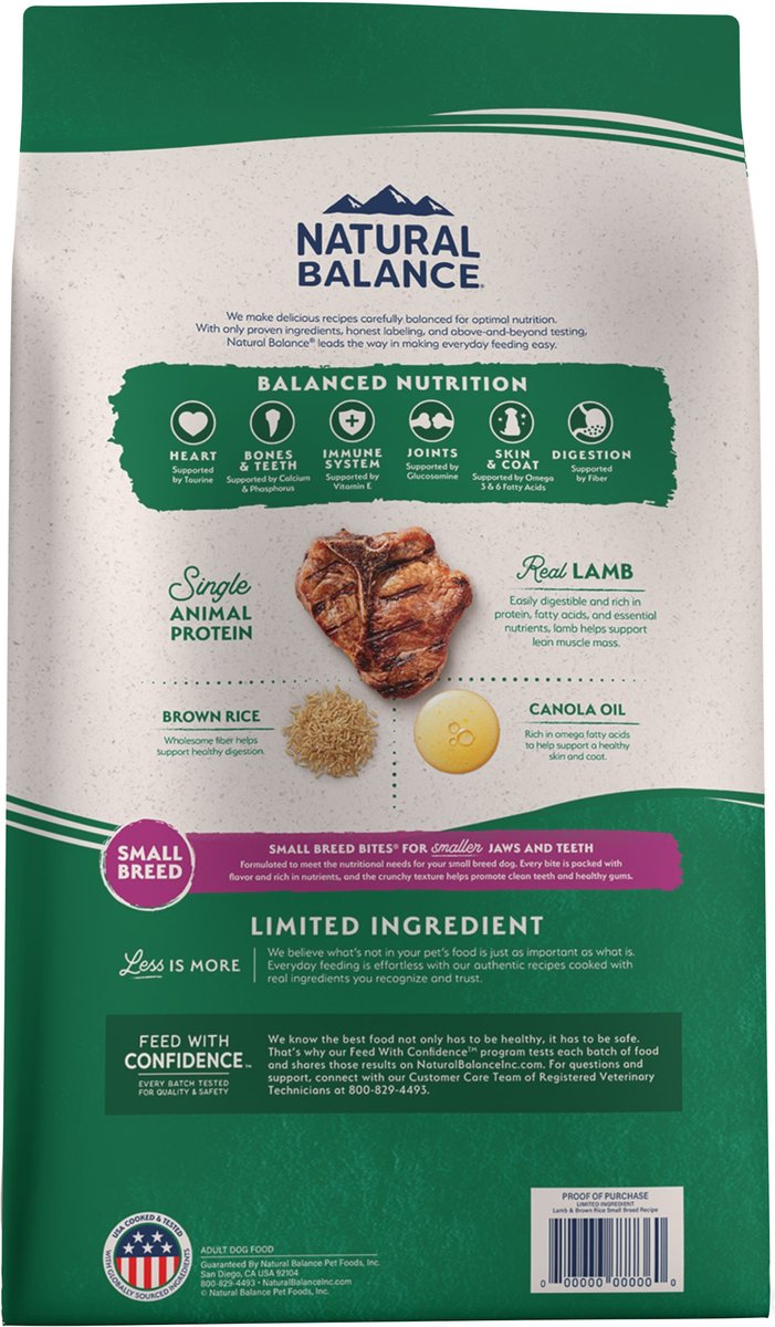 NATURAL BALANCE Limited Ingredient Lamb & Brown Rice Small Breed Bites Recipe Dry Dog Food, 12
