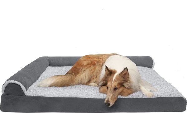 FurHaven Two Tone Faux Fur & Suede Deluxe Chaise Cooling Gel Dog & Cat Bed w/Removable Cover, Stone Gray, Jumbo Plus slide 1 of 10