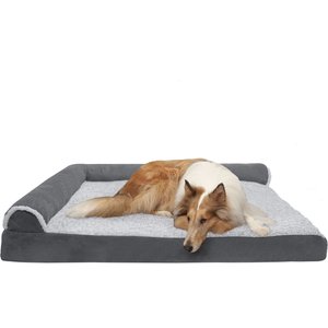 FurHaven Two Tone Faux Fur & Suede Deluxe Chaise Cooling Gel Dog & Cat Bed with Removable Cover, Stone Gray, Jumbo Plus