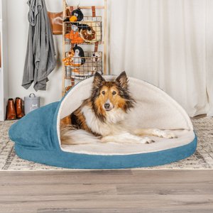 FurHaven Faux Sheepskin Snuggery Gel Top Cat & Dog Bed with Removable Cover, Blue, 44-in