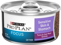 Purina Pro Plan Focus Sensitive Skin & Stomach Tuna & Oat Meal Entree Canned Cat Food, 3-oz can, case of 24