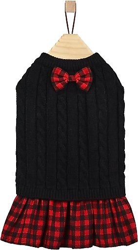 Frisco Plaid Cable Knit Dog & Cat Sweater Dress, Red Plaid, X-Small