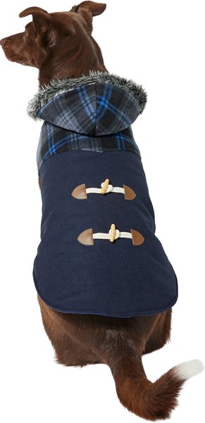 Frisco Plaid Hooded Insulated Dog & Cat Peacoat, Navy, Small slide 1 of 7