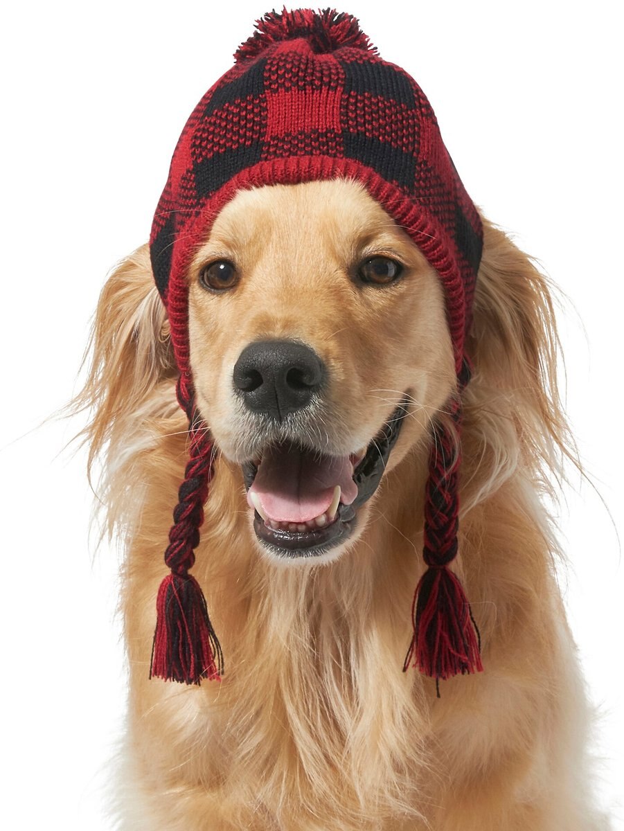 A Golden Retriever wearing a red plaid dog knitted hat.