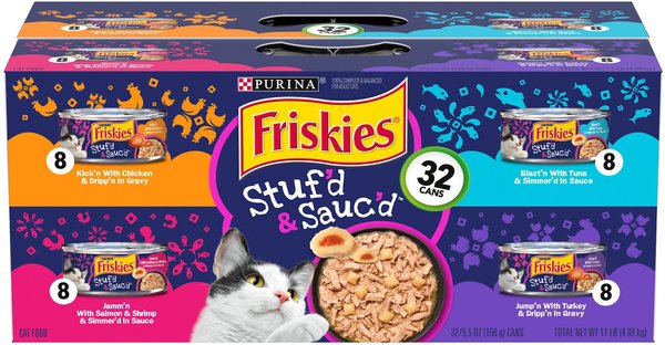 Friskies Stuf'd & Sauc'd Chicken, Tuna, Turkey, Salmon & Shrimp Variety Pack Canned Cat Food, 5.5-oz can, case of 32 slide 1 of 10