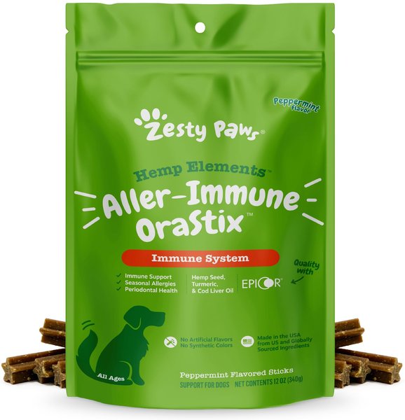 

Zesty Paws Hemp Elements Aller-Immune OraStix Peppermint Flavored Dog Dental Chews, 12-oz bag slide 1 of 8