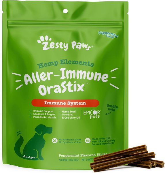 

Zesty Paws Hemp Elements Aller-Immune OraStix Peppermint Flavored Dog Dental Chews, 25-oz bag slide 1 of 9