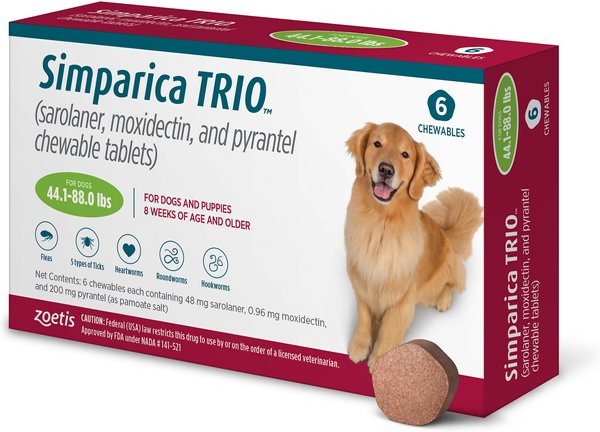 Simparica Trio Chewable Tablet for Dogs, 44.1-88 lbs, (Green Box), 6 Chewable Tablets (6-mos. supply) slide 1 of 5