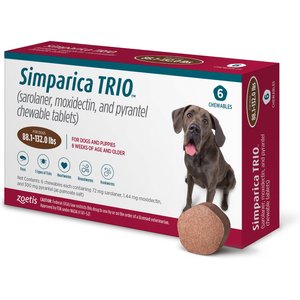 Simparica Trio Chewable Tablet for Dogs, 88.1-132.0 lbs, (Brown Box), 6 Chewable Tablets (6-mos. supply)
